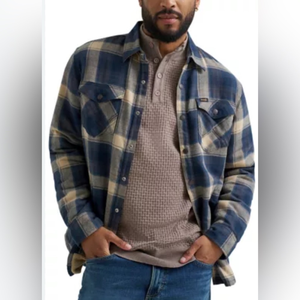 Men's Plaid Printed Sherpa Lined Flannel Shirt Shacket Size Small EUC. Blue